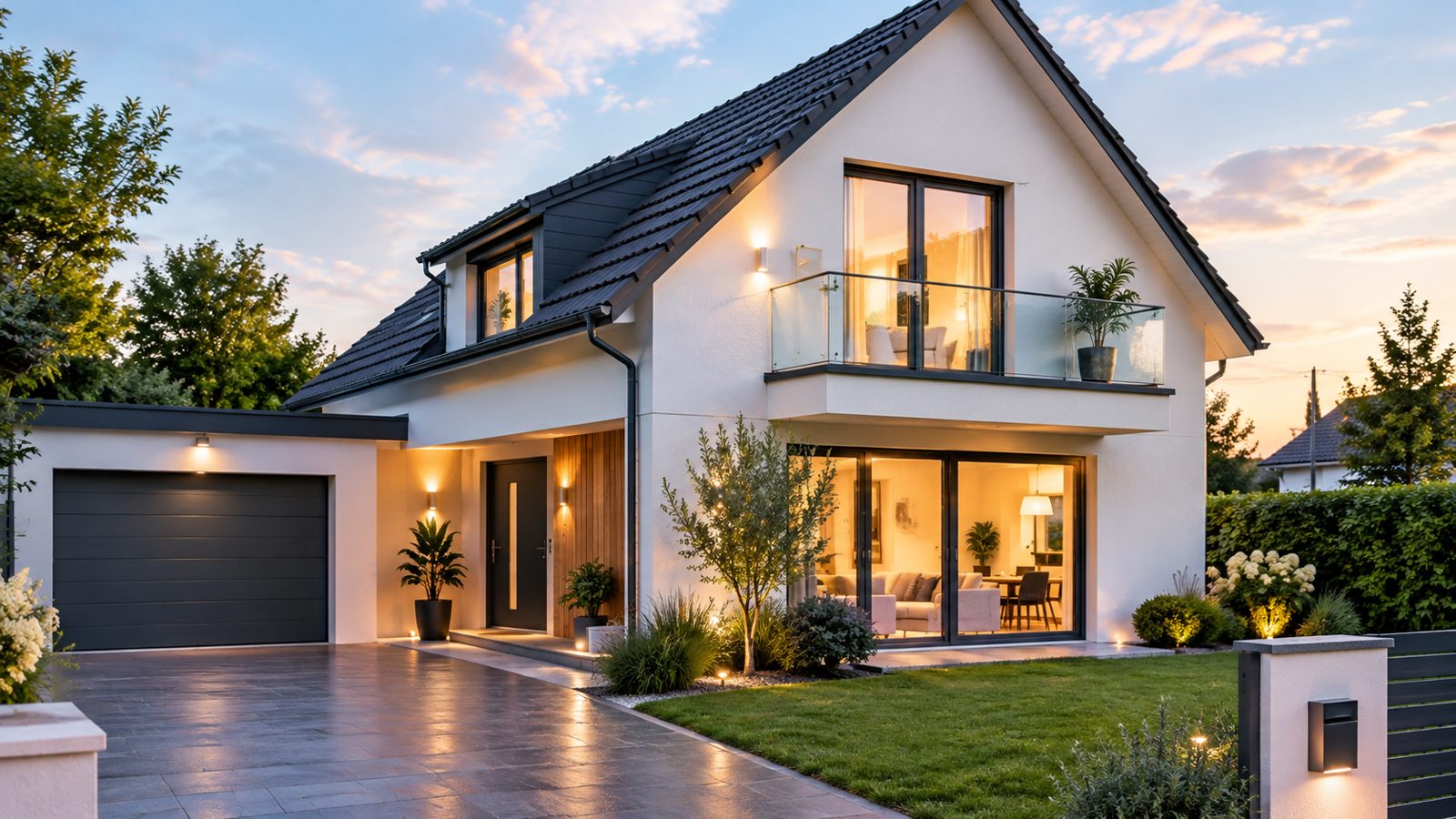 Maison moderne éclairée, raccordée au réseau électrique